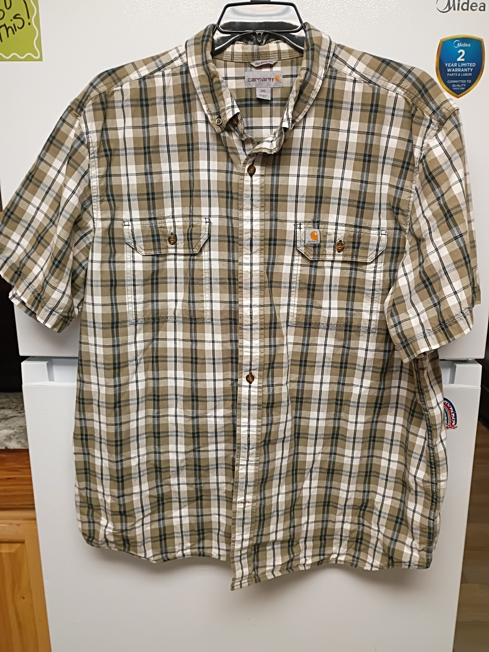 Carhartt Men's Tan and White Plaid Short-Sleeve Button-Down Shirt
